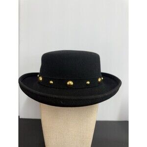 Vintage Dobbs Style Black Wool Felt Gambler Hat Gold Stud Band Boho Western